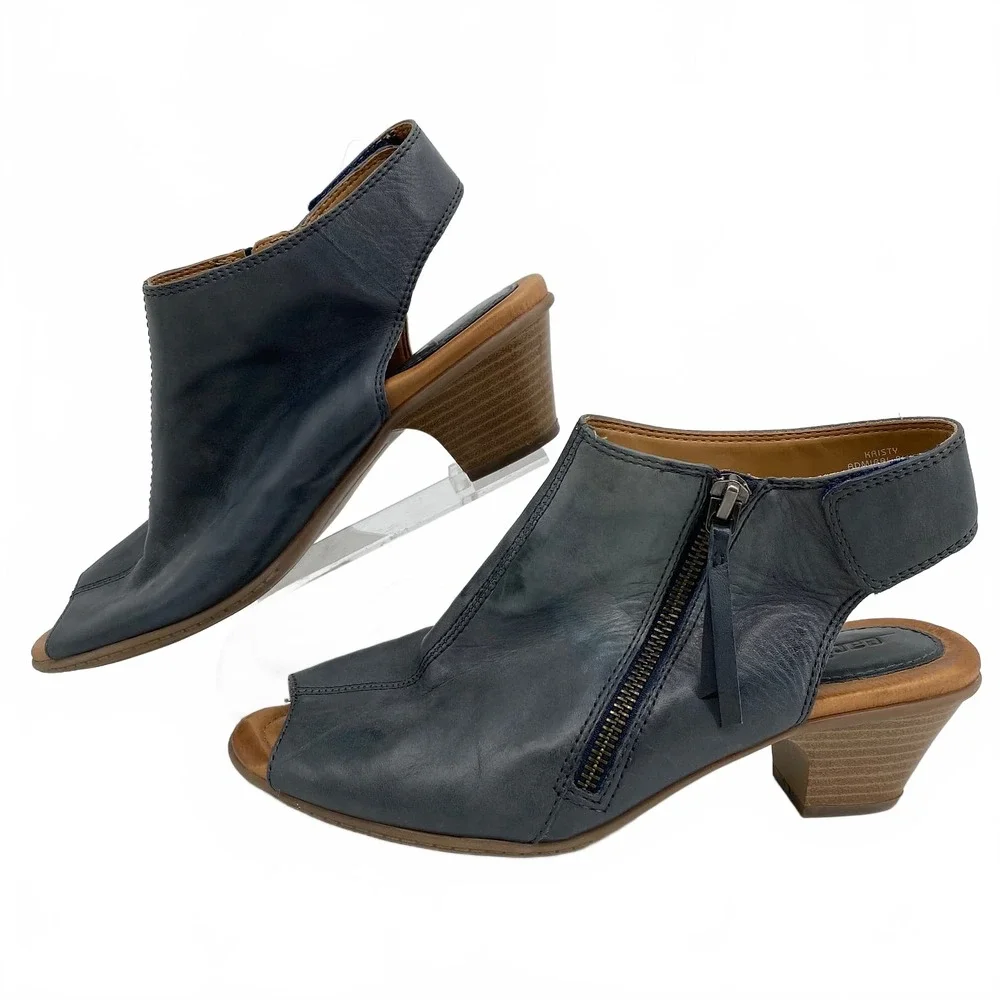 Earth Blue Kristy Leather Heeled Peep Toe Booties | Women’s Size 8